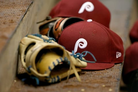 MILWAUKEE, WI – JULY 14: A detail view of the throwback Philadelphia Phillies hat during the game against the Milwaukee Brewers at Miller Park on July 14, 2017 in Milwaukee, Wisconsin. (Photo by Dylan Buell/Getty Images) *** Local Caption ***