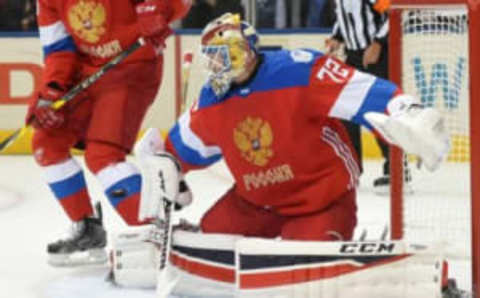 Sep 22, 2016; Toronto, Ontario, Canada; Team Russia goalie Sergei Bobrovsky (72) makes a save during a 3-0 win over Team Finland in preliminary round play in the 2016 World Cup of Hockey at Air Canada Centre. Mandatory Credit: Dan Hamilton-USA TODAY Sports