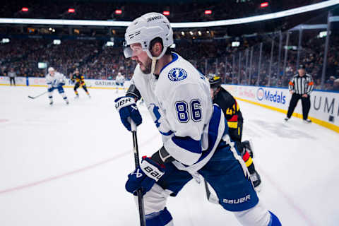 Dec 12, 2023; Vancouver, British Columbia, CAN; Tampa Bay Lightning forward Nikita Kucherov (86) handles the puck against the Vancouver Canucks in the first period at Rogers Arena. Mandatory Credit: Bob Frid-USA TODAY Sports