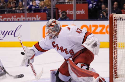 Feb 22, 2020; Toronto, Ontario, CAN; Carolina Hurricanes goaltender James Reimer (47) makes a save against he Toronto Maple Leafs during the first period at Scotiabank Arena. Mandatory Credit: John E. Sokolowski-USA TODAY Sports