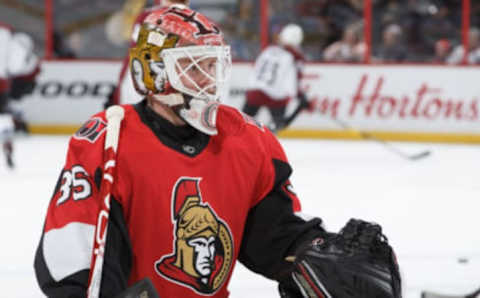 OTTAWA, ON – JANUARY 16: Marcus Hogberg #35 of the Ottawa Senators warms up prior to a game against the Colorado Avalanche at Canadian Tire Centre on January 16, 2019 in Ottawa, Ontario, Canada. (Photo by Andre Ringuette/NHLI via Getty Images)