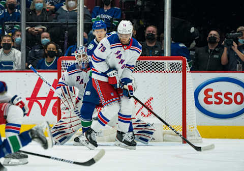 Nov 2, 2021; Vancouver, British Columbia, CAN; New York Rangers goalie Igor Shesterkin (31) and defenseman K’Andre Miller (79) and Vancouver Canucks forward Alex Chiasson (39) watch the point shot in the second period at Rogers Arena. Mandatory Credit: Bob Frid-USA TODAY Sports