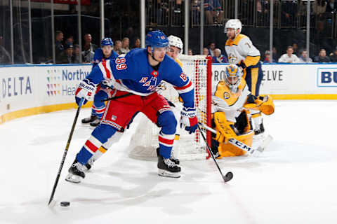 NEW YORK, NY – DECEMBER 16: Pavel Buchnevich #89 of the New York Rangers skates with the puck against the Nashville Predators at Madison Square Garden on December 16, 2019 in New York City. (Photo by Jared Silber/NHLI via Getty Images)