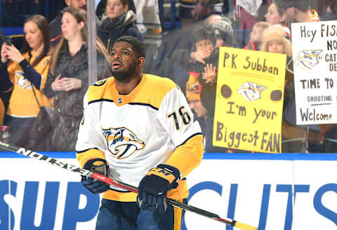 BUFFALO, NY – MARCH 19: Fans watch as P.K. Subban #76 of the Nashville Predators skates during warmups before an NHL game against the Buffalo Sabres on March 19, 2018 at KeyBank Center in Buffalo, New York. (Photo by Joe Hrycych/NHLI via Getty Images)