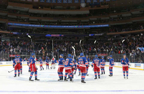 NEW YORK, NY – MARCH 09: The New York Rangers salute the crowd after defeating the New Jersey Devils 4-2 at Madison Square Garden on March 9, 2019 in New York City. (Photo by Jared Silber/NHLI via Getty Images)