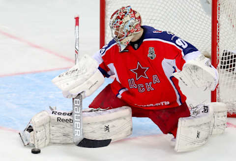 CSKA Moscow’s goaltender Ilya Sorokin (Photo by Sergei SavostyanovTASS via Getty Images)