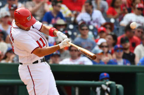 Apr 29, 2017; Washington, DC, USA; Washington Nationals first baseman Ryan Zimmerman (11) hits a solo home run against the New York Mets during the eighth inning at Nationals Park. Mandatory Credit: Brad Mills-USA TODAY Sports