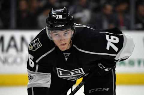 Apr 6, 2017; Los Angeles, CA, USA; Los Angeles Kings center Jonny Brodzinski (76) reacts during a NHL hockey game against the Calgary Flames at Staples Center. The Flames defeated the Kings 4-1. Mandatory Credit: Kirby Lee-USA TODAY Sports