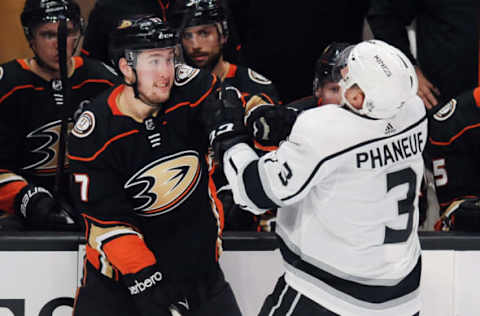 ANAHEIM, CA: Anaheim Ducks leftwing Nick Ritchie (37) goes after Los Angeles Kings defenseman Dion Phaneuf (3) in the second period of a game played on March 30, 2018. (Photo by John Cordes/Icon Sportswire via Getty Images)