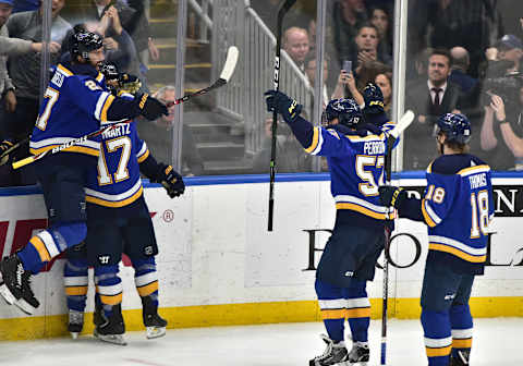 ST. LOUIS, MO – MAY 21: Blues players celebrate after scoring a power play goal in the second period during game six of the NHL Western Conference Final between the San Jose Sharks and the St. Louis Blues, on May 21, 2019, at Enterprise Center, St. Louis, Mo. (Photo by Keith Gillett/Icon Sportswire via Getty Images)