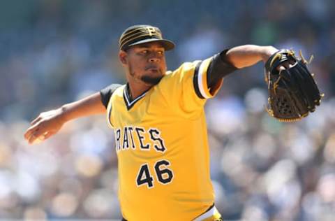 Apr 23, 2017; Pittsburgh, PA, USA; Pittsburgh Pirates starting pitcher Ivan Nova (46) delivers a pitch against the New York Yankees during the first inning at PNC Park. Mandatory Credit: Charles LeClaire-USA TODAY Sports. MLB.