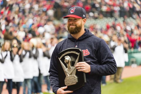 CLEVELAND, OH – APRIL 6: Corey Kluber #28 of the Cleveland Indians receives his 2017 Cy Young award prior to the game against the Kansas City Royals at Progressive Field on April 6, 2018 in Cleveland, Ohio. The Indians defeated the Royals 3-2. (Photo by Jason Miller/Getty Images) *** Local Caption *** Corey Kluber