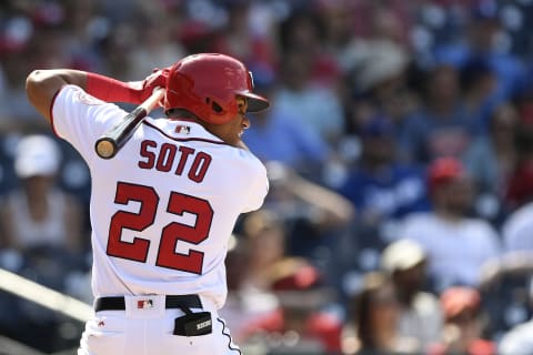 WASHINGTON, DC – MAY 20: Juan Soto #22 of the Washington Nationals bats in the eighth inning against the Los Angeles Dodgers during his MLB debut at Nationals Park on May 20, 2018, in Washington, DC. (Photo by Patrick McDermott/Getty Images)