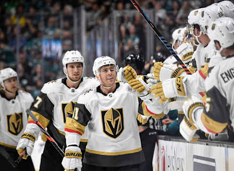 SAN JOSE, CA – OCTOBER 04: The Vegas Golden Knights celebrate a goal against the San Jose Sharks at SAP Center on October 4, 2019 in San Jose, California. (Photo by Brandon Magnus/NHLI via Getty Images)