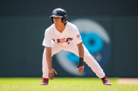 MINNEAPOLIS, MN- AUGUST 27: Anthony Seigler #12 of the USA Baseball 18U National Team runs against Iowa Western CC on August 27, 2017 at Target Field in Minneapolis, Minnesota. (Photo by Brace Hemmelgarn/Getty Images)