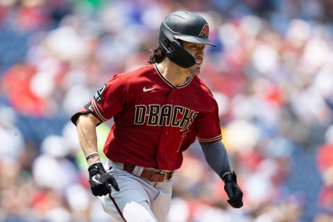 May 24, 2023; Philadelphia, Pennsylvania, USA; Arizona Diamondbacks left fielder Corbin Carroll (7) runs the bases after hitting a double during the first inning against the Philadelphia Phillies at Citizens Bank Park. Mandatory Credit: Bill Streicher-USA TODAY Sports