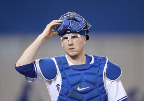 TORONTO, ON – SEPTEMBER 25: Danny Jansen #9 of the Toronto Blue Jays makes his way from the bullpen to the dugout before the start of MLB game action against the Houston Astros at Rogers Centre on September 25, 2018 in Toronto, Canada. (Photo by Tom Szczerbowski/Getty Images)