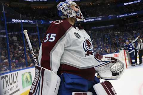 TAMPA, FLORIDA – JUNE 26: Darcy Kuemper #35 of the Colorado Avalanche  (Photo by Bruce Bennett/Getty Images)