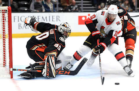 Ryan Miller #30 of the Anaheim Ducks defends against Anthony Duclair #10 of the Ottawa Senators (Photo by Sean M. Haffey/Getty Images)