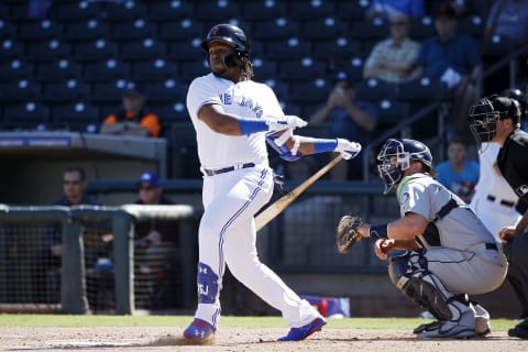 SURPRISE, AZ – OCTOBER 17: Vladimir Guerrrero Jr. #27 of the Surprise Saguaros and Toronto Blue Jays in action during the 2018 Arizona Fall League on October 17, 2018 at Surprise Stadium in Surprise, Arizona. (Photo by Joe Robbins/Getty Images)