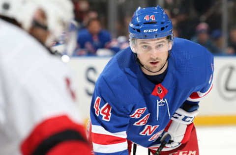 NEW YORK, NY – FEBRUARY 23: Neal Pionk #44 of the New York Rangers skates against the New Jersey Devils at Madison Square Garden on February 23, 2019 in New York City. (Photo by Jared Silber/NHLI via Getty Images)