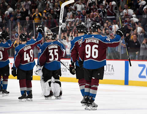 DENVER, CO – APRIL 22: Colorado Avalanche defenseman Samuel Girard #49 and teammates goaltender Andrew Hammond #35, defenseman Nikita Zadorov #16 and right wing Mikko Rantanen #96 thank the fans after the Nashville Predators defeated the Colorado Avalanche 5-0 in game 6 of round one of the Stanley Cup Playoffs at the Pepsi Center April 22, 2018. The Predators won the series 4-2. (Photo by Andy Cross/The Denver Post via Getty Images)