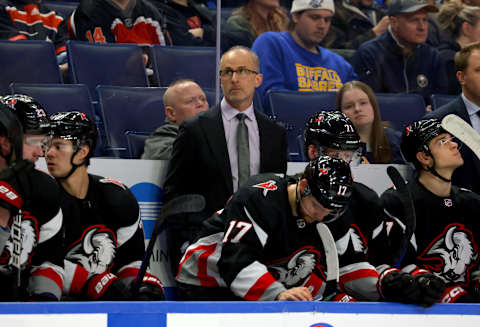 Jan 9, 2023; Buffalo, New York, USA; Buffalo Sabres head coach Don Granato watches his team from the bench during the first period against the Philadelphia Flyers at KeyBank Center. Mandatory Credit: Timothy T. Ludwig-USA TODAY Sports