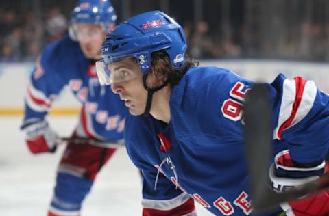 NEW YORK, NY – JANUARY 13: Vinni Lettieri #95 of the New York Rangers skates against the New York Islanders at Madison Square Garden on January 13, 2018 in New York City. The New York Islanders won 7-2. (Photo by Jared Silber/NHLI via Getty Images)