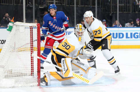 NEW YORK, NY – MARCH 25: Matt Murray #30 of the Pittsburgh Penguins tends the net against the New York Rangers at Madison Square Garden on March 25, 2019 in New York City. The Pittsburgh Penguins won 5-2. (Photo by Jared Silber/NHLI via Getty Images)