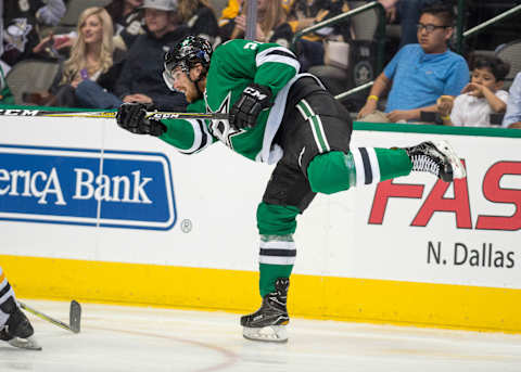 Feb 28, 2017; Dallas, TX, USA; Dallas Stars defenseman Stephen Johns (28) in action during the game against the Pittsburgh Penguins at the American Airlines Center. The Stars defeat the Penguins 3-2. Mandatory Credit: Jerome Miron-USA TODAY Sports