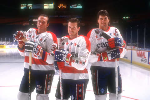 Al Iafrate, Sylvain Caote, Kevin Hatcher, Washington Capitals (Photo by Mitchell Layton/Getty Images)