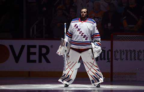 New York Rangers goaltender Igor Shesterkin (31) stands for the national anthem (Credit: Charles LeClaire-USA TODAY Sports)