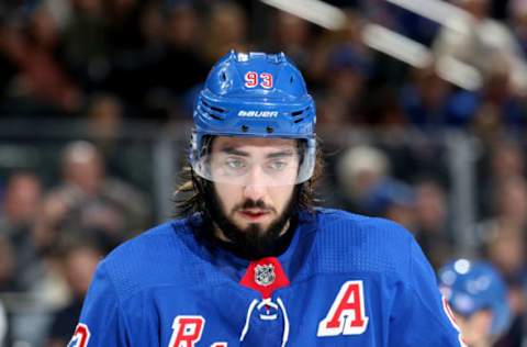 NEW YORK, NY – NOVEMBER 17: Mika Zibanejad #93 of the New York Rangers looks on against the Florida Panthers at Madison Square Garden on November 17, 2018 in New York City. The New York Rangers won 4-2. (Photo by Jared Silber/NHLI via Getty Images)