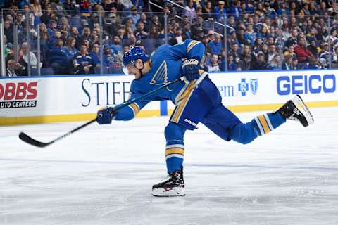 ST. LOUIS, MO – NOVEMBER 24: Colton Parayko #55 of the St. Louis Blues takes a shot against the Winnipeg Jets at Enterprise Center on November 24, 2018 in St. Louis, Missouri. (Photo by Joe Puetz/NHLI via Getty Images)