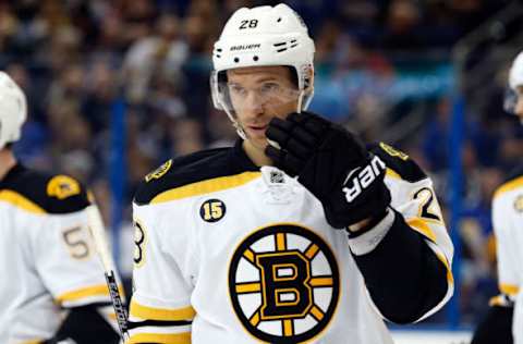 Jan 31, 2017; Tampa, FL, USA; Boston Bruins center Dominic Moore (28) against the Tampa Bay Lightning during the second period at Amalie Arena. Mandatory Credit: Kim Klement-USA TODAY Sports