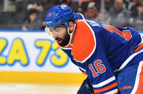 EDMONTON, AB – DECEMBER 31: Jujhar Khaira #16 of the Edmonton Oilers lines up for a face off during the game against the Winnipeg Jets on December 31, 2018 at Rogers Place in Edmonton, Alberta, Canada. (Photo by Andy Devlin/NHLI via Getty Images)