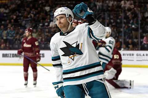 TEMPE, ARIZONA – APRIL 01: Noah Gregor #73 of the San Jose Sharks celebrates a goal against the Arizona Coyotes during the first period at Mullett Arena on April 01, 2023 in Tempe, Arizona. (Photo by Zac BonDurant/Getty Images)