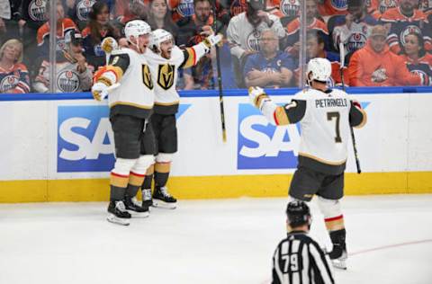 May 14, 2023; Edmonton, Alberta, CAN; Vegas Golden Knights center Jack Eichel (9) right wing Jonathan Marchessault (81) and defenseman Alex Pietrangelo (7) celebrate a goal during the second period against the Edmonton Oilers in game six of the second round of the 2023 Stanley Cup Playoffs at Rogers Place. Mandatory Credit: Walter Tychnowicz-USA TODAY Sports