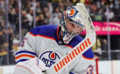 LAS VEGAS, NEVADA – MAY 12: Jack Campbell #36 of the Edmonton Oilers takes a break during a stop in play in the second period of Game Five of the Second Round of the 2023 Stanley Cup Playoffs against the Vegas Golden Knights at T-Mobile Arena on May 12, 2023 in Las Vegas, Nevada. The Golden Knights defeated the Oilers 4-3. (Photo by Ethan Miller/Getty Images)