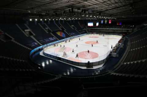 STOCKHOLM, SWEDEN – MARCH 18: General view of play in front of empty stands during the SHL match between Djurgaardens IF and Brynaes IF at Hovet Arena on March 18, 2021 in Stockholm, Sweden. Sporting stadiums around Sweden remain under strict restrictions due to the Coronavirus Pandemic as Government social distancing laws prohibit fans inside venues resulting in games being played behind closed doors. (Photo by Linnea Rheborg/Getty Images)