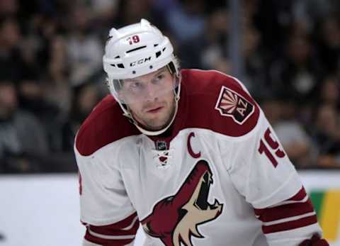 Mar 16, 2015; Los Angeles, CA, USA; Arizona Coyotes right wing Shane Doan (19) reacts against the Los Angeles Kings at Staples Center. The Kings defeated the Coyotes 1-0. Mandatory Credit: Kirby Lee-USA TODAY Sports