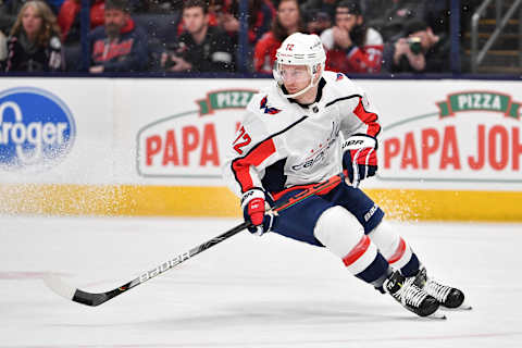 COLUMBUS, OH – DECEMBER 16: Travis Boyd #72 of the Washington Capitals skates against the Columbus Blue Jackets on December 16, 2019 at Nationwide Arena in Columbus, Ohio. (Photo by Jamie Sabau/NHLI via Getty Images)