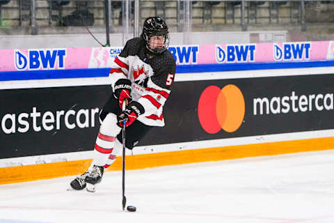 BASEL, SWITZERLAND – APRIL 30: Etienne Morin of Canada in action during U18 Ice Hockey World Championship bronze medal dispute match between Canada and Slovakia at St. Jakob-Park at St. Jakob-Park on April 30, 2023 in Basel, Switzerland. (Photo by Jari Pestelacci/Eurasia Sport Images/Getty Images)