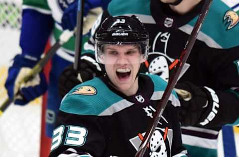 ANAHEIM, CA – FEBRUARY 13: Anaheim Ducks right wing Jakob Silfverberg (33) reacts after scoring a goal during the first period of a game against the Vancouver Canucks played on February 13, 2019, at the Honda Center in Anaheim, CA. (Photo by John Cordes/Icon Sportswire via Getty Images)