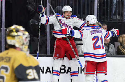 LAS VEGAS, NEVADA – DECEMBER 07: Filip Chytil #72 and Barclay Goodrow #21 of the New York Rangers celebrate after Goodrow assisted Chytil on a third-period goal against Logan Thompson #36 of the Vegas Golden Knights during their game at T-Mobile Arena on December 07, 2022, in Las Vegas, Nevada. (Photo by Ethan Miller/Getty Images)