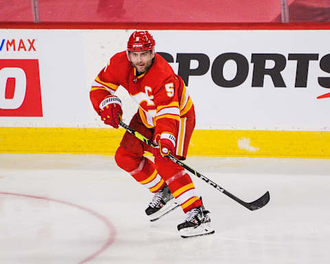 Mark Giordano #5 of the Calgary Flames. (Photo by Derek Leung/Getty Images)