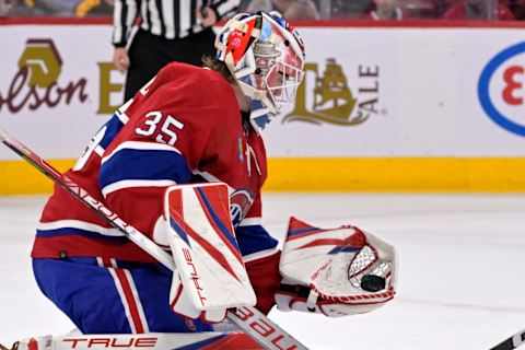 Apr 13, 2023; Montreal, Quebec, CAN; Montreal Canadiens goalie Sam Montembeault. Mandatory Credit: Eric Bolte-USA TODAY Sports