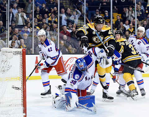 Mar 2, 2017; Boston, MA, USA; Boston Bruins right wing David Backes (42) is called for goaltender interference against New York Rangers goalie Henrik Lundqvist (30) during the xx period at TD Garden. Mandatory Credit: Bob DeChiara-USA TODAY Sports