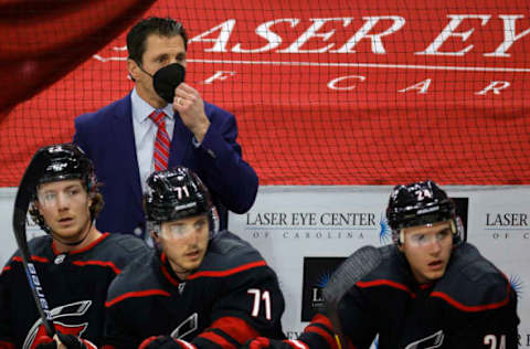 RALEIGH, NORTH CAROLINA – MARCH 04: Head coach Rod Brind’Amour of the Carolina Hurricanes looks on during the first period of their game against the Detroit Red Wings at PNC Arena on March 04, 2021, in Raleigh, North Carolina. (Photo by Jared C. Tilton/Getty Images)