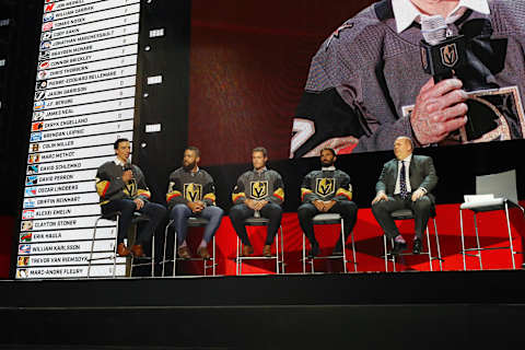 Marc-Andre Fleury, Deryk Engelland, Brayden McNabb and Jason Garrison, Vegas Golden Knights. (Photo by Bruce Bennett/Getty Images)